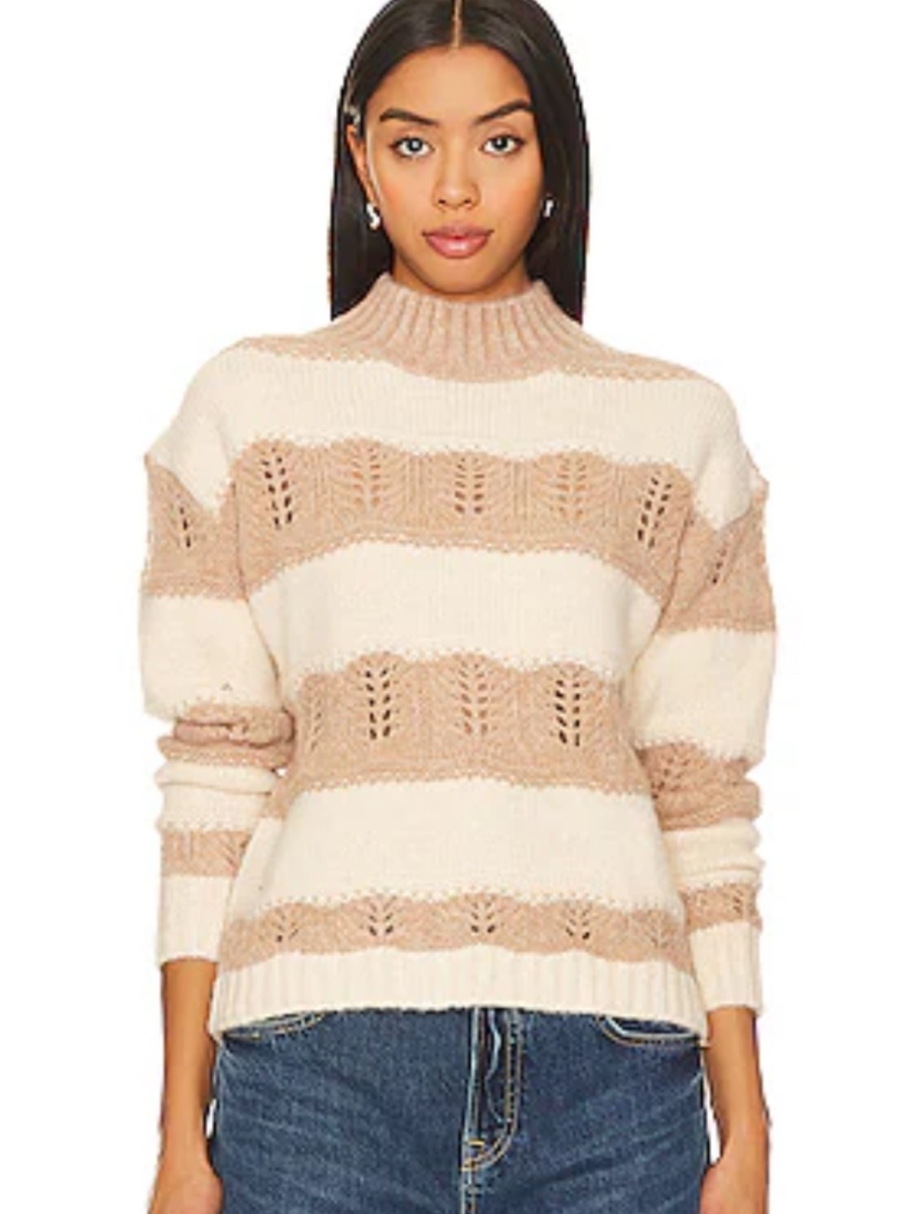BOGO! Revolve Heartloom Pointelle Knit Mock Neck Sweater Tan Cream Small